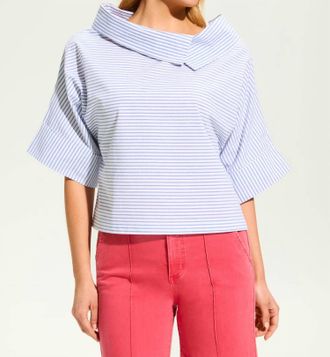 FDJ Poplin Crossover Neck Top In Blue Stripe