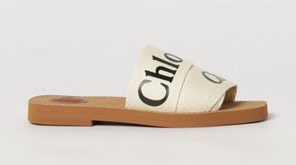 Chlo&eacute; Sandali slide piatti Woody in canvas con logo stampato e punta squadrata