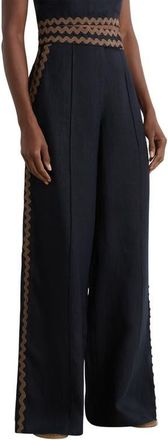 Reiss Mila Rickrack Detail Wide Leg Linen Pants in Navy/Ivory at Nordstrom, Size 12 Us