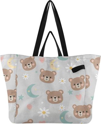Generic Bear Moon Flower Gray print Reusable Canvas Tote Bag, Heavy Duty Grocery Shopping Bag with Large Capacity Double Handles Hard Bottom Work Groceries Tr