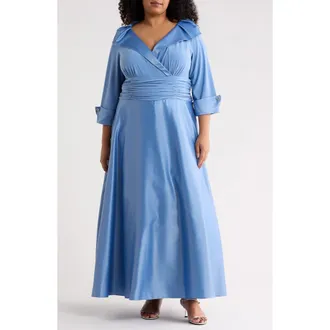 Jessica Howard Portrait Collar Mixed Media Gown in Lake at Nordstrom, Size 16W