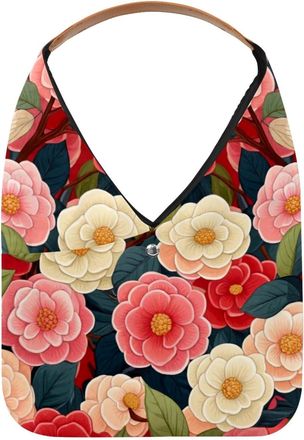 Generic Camellia Red White Reusable Lightweight Grocery Bags - Foldable Into Compact Pouch, Washable & Sturdy, Multipurpose for Shopping and Travel