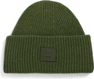 Acne Studios Pana Face Patch Wool & Yak Hair Blend Rib Beanie in Bottle Green at Nordstrom