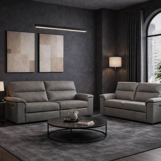 Aspire Home Accents Marlowe Real Leather Power Recliner 3+2 Sofa Set with USB Charging in Grey