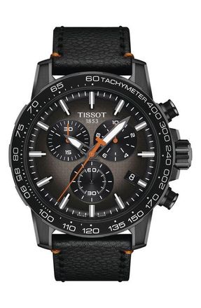 Tissot Supersport Leather Strap Chronograph Watch, 45.5mm in Black at Nordstrom