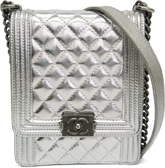 Chanel North South Boy Flap Quilted Metallic Calfskin Silver Leather Handbag (Pre-Owned)