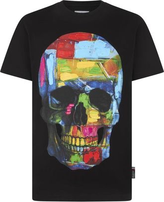 Philipp Plein Ronde Hals T-Shirt Painted Skull - Heren - T-shirts - Zwart - 2XL - Katoen - Tops