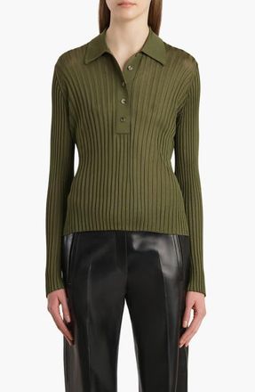 Khaite Vin Rib Polo Sweater in Olive at Nordstrom, Size X-Large