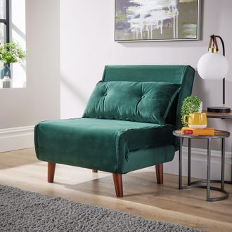 Home Source Industries Double Sofa Bed Folding Chair Velvet Wooden Legs Two Pillow Home in Bottle Green