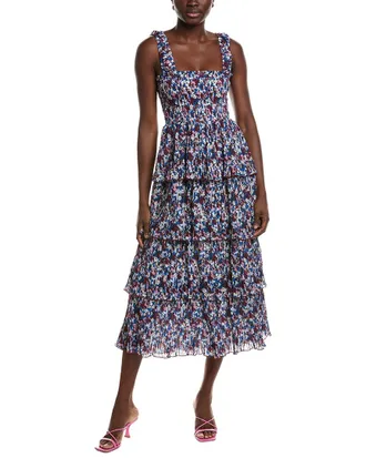 Ganni Pleated Georgette Flounce Smock Midi Dress