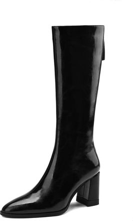 TinaCus Genuine Leather Pointed Toe Handmade Back Zipper Womens Chunky Heels Knee High Boots, Black, 7.5 UK