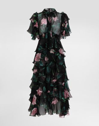 Dolce & Gabbana Rose-print Chiffon Calf-length Dress With Ruffles And Flounces - Woman Dresses Print 38
