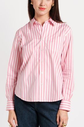 Frances Valentine Perfect Button Down Stripe Cotton Poplin in Pink/white at Nordstrom, Size 3X
