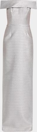 Teri Jon Basket Weave Jacquard Off-the-Shoulder Column Gown