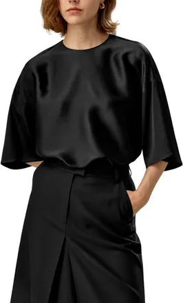 LilySilk Relaxed Silk Crewneck Blouse in Black at Nordstrom, Size X-Small