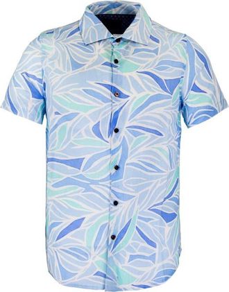 Lords of Harlech Simple Leaves Short Sleeve Fine Linen Shirt in Simple Leaves Blue at Nordstrom, Size Xx-Large