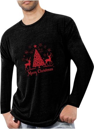 Generic Mens Christmas T Shirt Long Sleeve Christmas Tree T-Shirts Crew Neck Xmas Tee Shirts Smart Casual Novelty Festive Tshirts Funny Sports Running Tops Ho