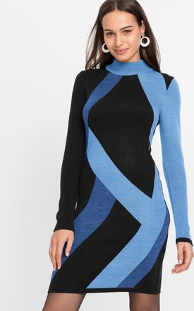 Bonprix Strickkleid BONPRIX, Damen, Gr. 32/34 (XS), N-Gr, blau (hellblau, dunkelblau graphisch), Obermaterial: 100% Polyacryl, eng, Kleider Strickkleid, aus P
