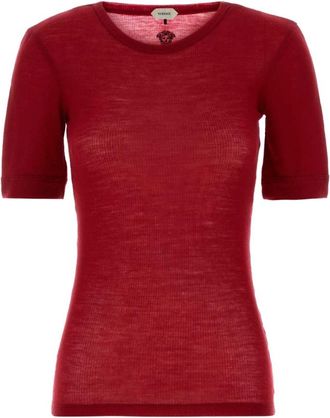 Versace Geborduurde T-shirt van geribbelde wol - Dames - T-shirts - Rood - XS - Wol - Tops