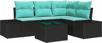 vidaXL Conjunto De Sof&aacute;s De Jard&iacute;n Negro Y Turquesa Rat&aacute;n Sint&eacute;tico Vidaxl