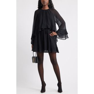 Treasure & Bond Tiered Long Sleeve Chiffon Minidress in Black at Nordstrom Rack, Size Xx-Small