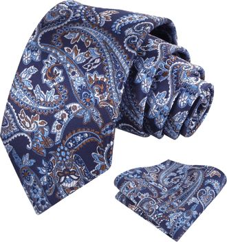 Alizeal Mens Paisley Tie for Men Pocket Square Wedding Party Flroal Necktie & Hanky Set, Navy+Brown