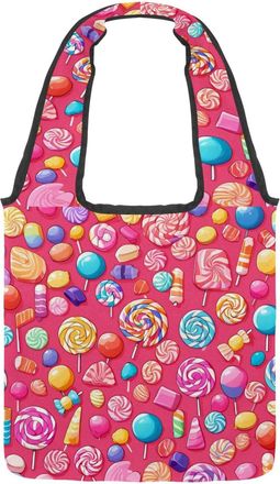 Generic Pink Candy Pattern Reversible Canvas Shoulder Tote - Double-Sided Print, 12oz Cotton, 27cm Drop, Fold-Flat Bag for Travel, Shopping, Street Outings
