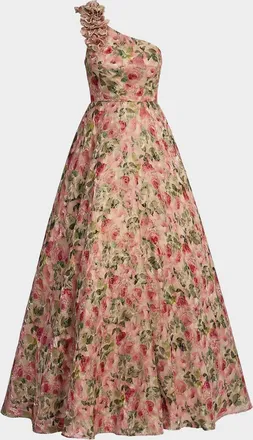 Mac Duggal Floral Organza Brocade One-Shoulder Gown