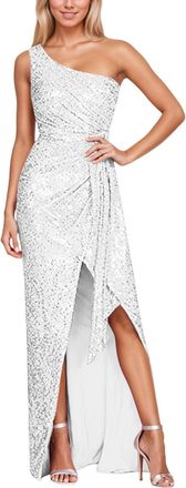 Generic Womens Off Shoulder Sequin Party Dress Sleeveless Slit Backless Evening Gown with Sparkling Embellishments for and Night Out Events White