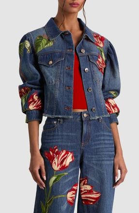 Alice & Olivia Elijah Embroidered Appliqu&eacute; Denim Jacket in Freyja Blue/soft Tulip at Nordstrom, Size X-Small