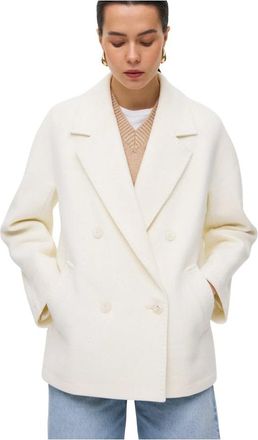 Estro & Luminara Korte Double-Breasted Witte Jas met Wol - Dames - Mantel - Wit - M - Wol - Jassen