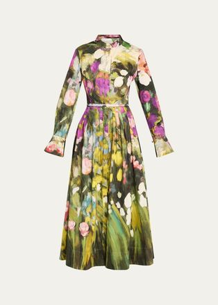 Oscar De La Renta Abstract Garden Cotton Poplin Pleated Midi Day Dress With Belt