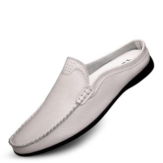 Generic Loafers for Men Breathable Backless Moccasins Shoes Leather Comfortable Flat Heel Lightweight Walking Slip On(White,5.5 UK)