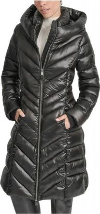 DKNY Dkny, Jassen, Dames, Zwart, L, Leer, Volledige Lengte Gewatteerde Jas met Capuchon