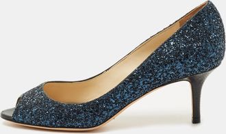 Jimmy Choo London Navy Blue Glitter Isabel Peep Toe Pumps