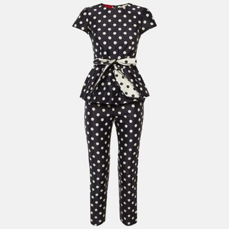 Carolina Herrera Navy Blue Polka Dot Print Cotton Top & Pants Set