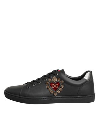 Dolce & Gabbana Black Leather Heart Embellished Sneakers Mens Shoes