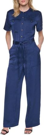 DKNY Tie Waist Satin Utility Jumpsuit in Intrepid Blue at Nordstrom, Size 14