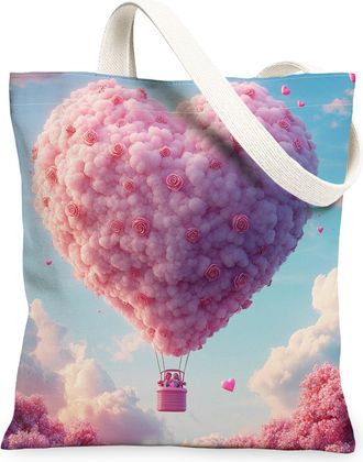 Generic Romantic Heart Canvas Tote Bags, Artistic Cloud Pattern Reusable Shopping Bags, Lightweight Washable Shoulder Strap Canvas for Travel Beach Picnic 13x