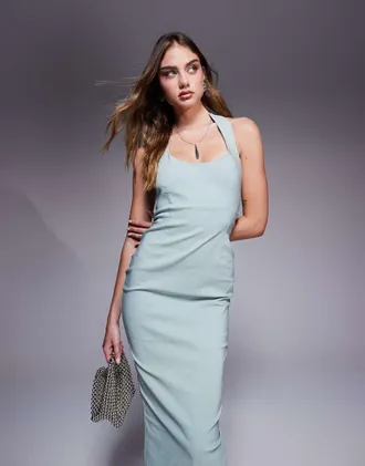 Vesper bengaline scoop neck halterneck bodycon midaxi dress in sage-Green