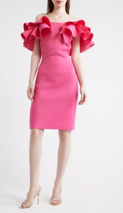 Anne Klein Ruffle Off the Shoulder Scuba Crepe Cocktail Dress in Vibrant Pink at Nordstrom, Size 10