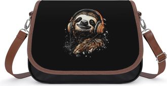 Generic Sloth with Headphone Womens Leather Crossbody Bags with Adjustable Strap Casual Printed Shoulder Handbag