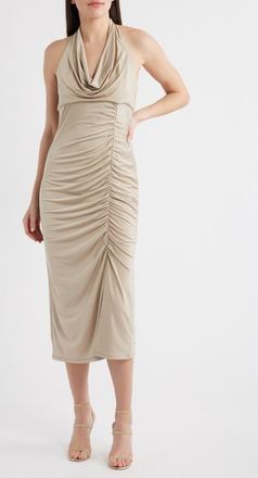 Julia Jordan Ruched Halter Neck Midi Dress in Gold at Nordstrom, Size 10