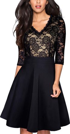 Homeyee Womens Vintage 3/4 Sleeve Floral Lace Embroidery Cocktail Flared Dress A062 (UK 14 = Size XL, Black)