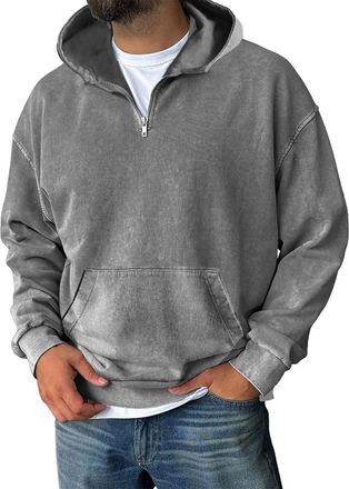 Generic Half Zip Pullover Men Hoodies for Men Pullover Distressed Washed Long Sleeve Thermal Sweatshirt Athletic Rugby Polo Sweat Shirts Streetwear Grey