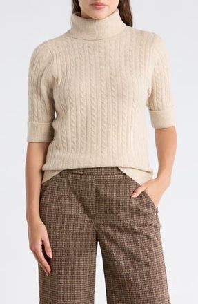 Democracy Cable Knit Elbow Sleeve Turtleneck Sweater in Blanched Almond at Nordstrom Rack, Size X-Small
