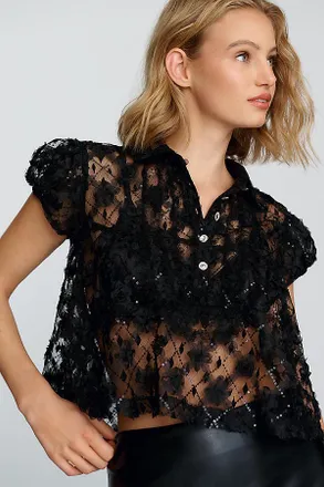 Maeve Sheer Lace Babydoll Blouse