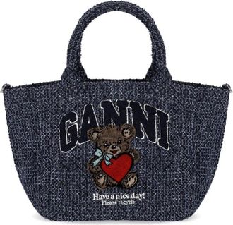 Ganni Tweed Denim Small Bear Tote - Dames - Shoppers - Blauw - ONE Size - Denim - Tassen