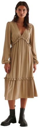 NA-KD Womens Balloon Sleeve Midi Frill Casual Dress, Dark Beige, 8 UK