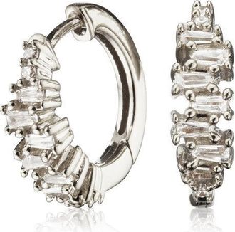 Lily & Roo Silver Diamond Style Stacked Baguette Huggie Hoop Earrings